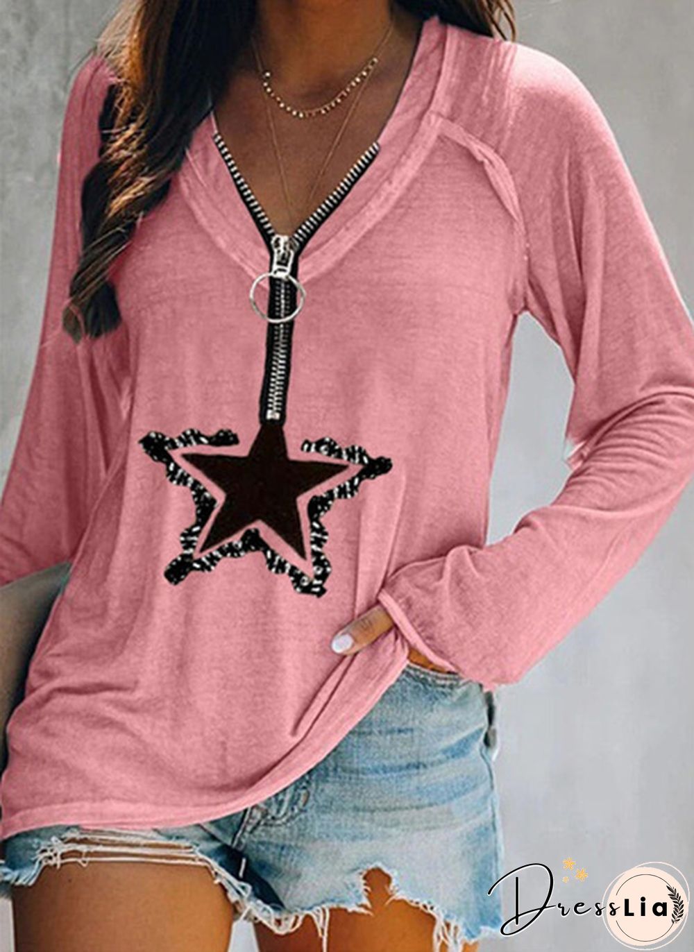 Womens Fashion Clothes Casual Spring Summer Long Sleeved T-shirts Zipper Tops Ladies Autumn Winter Deep V-neck Blouse Plus Size Loose Cotton Shirts
