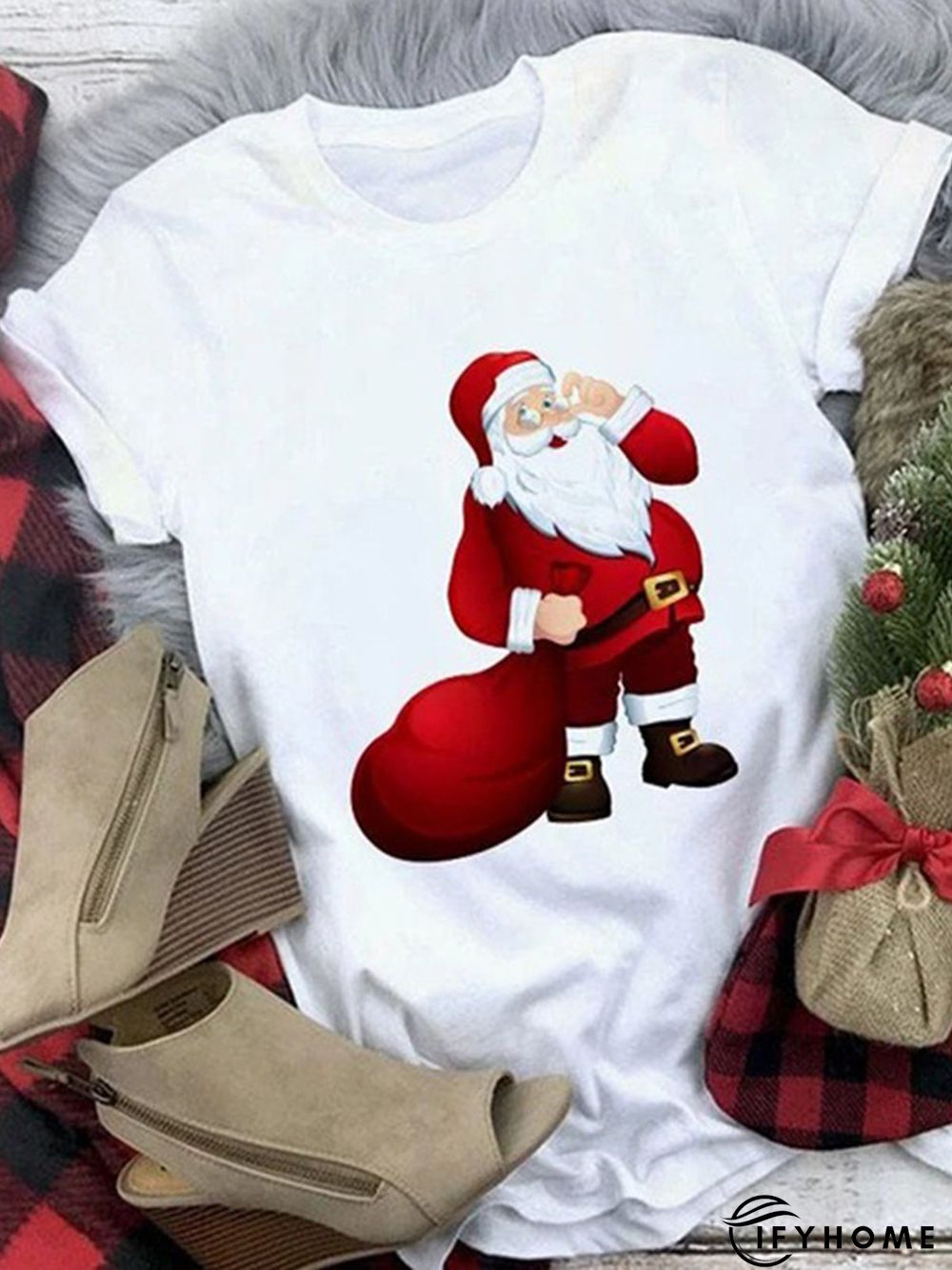 Christmas Loose Crew Neck Cotton Blends Short Sleeve T-Shirt | IFYHOME