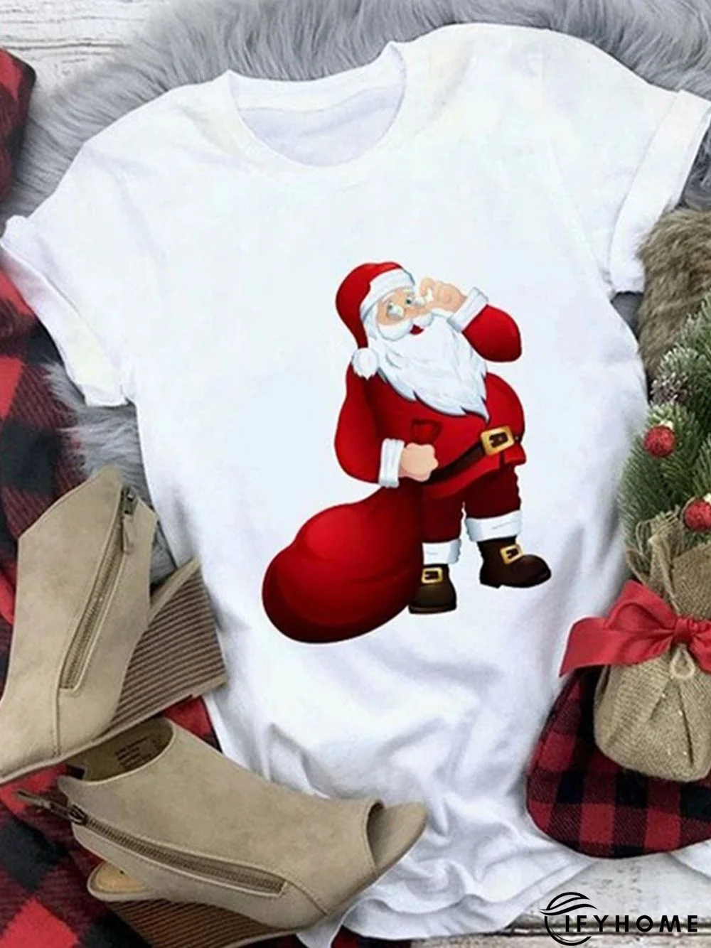 Christmas Loose Crew Neck Cotton Blends Short Sleeve T-Shirt | IFYHOME