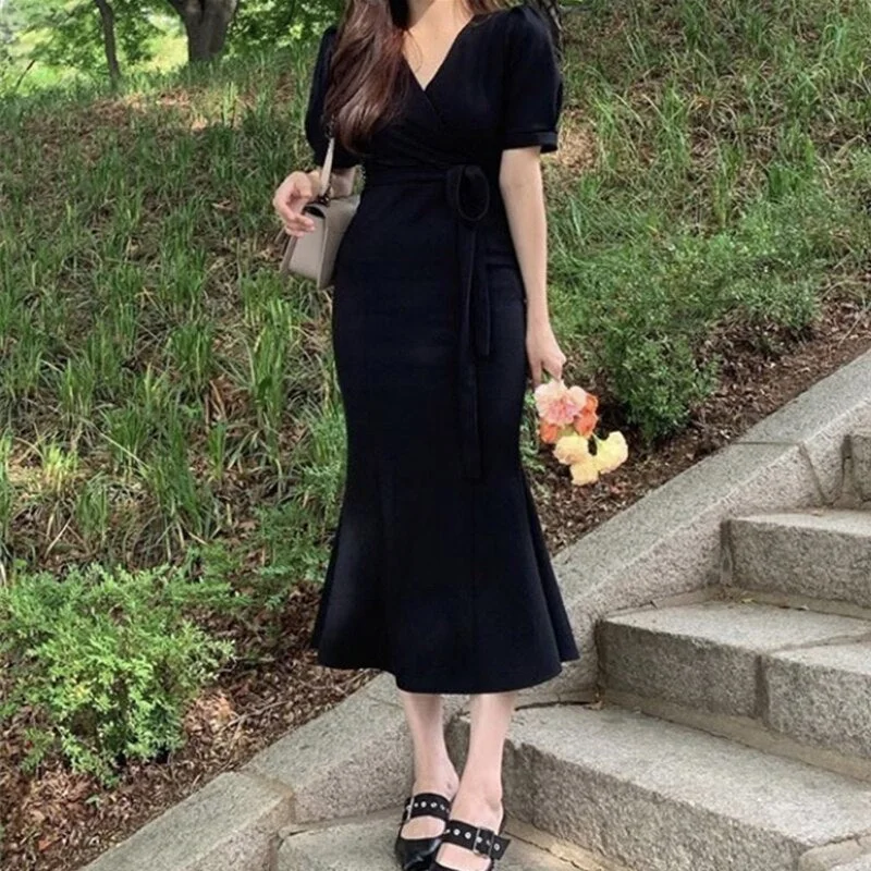 ZCSMLL elegant slim V-neck slim lace up waist long fishtail dress women Korea summer short sleeve white vestido female