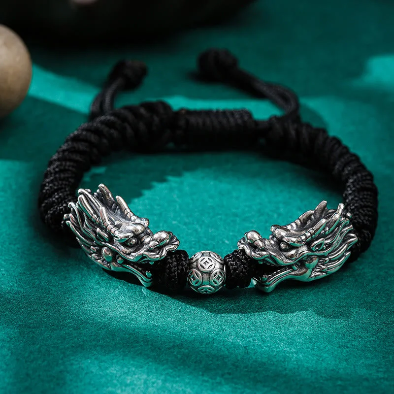 Double Dragon 999 Sterling Silver Luck Handmade Braided Bracelet