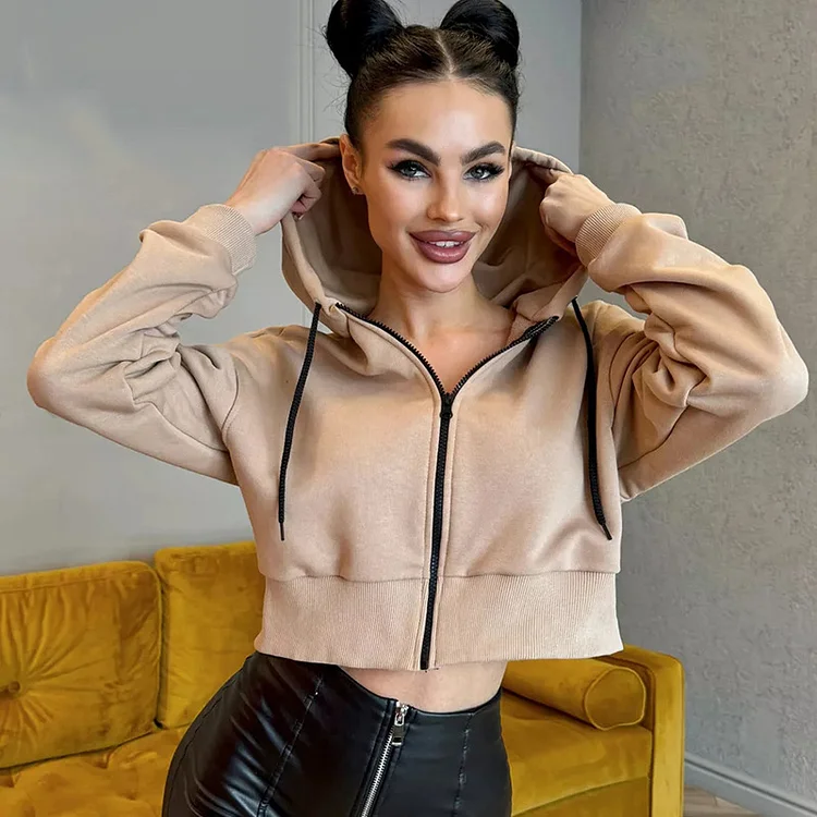 PASUXI Bulk Women's Fashion Long Sleeve Hooded Zipper Cardigan  Sexy Waist-baring Sweatshirt huanwei