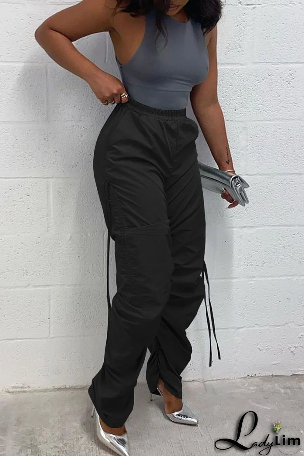 Green Casual Solid Patchwork Draw String Fold High Waist Pencil Solid Color Bottoms