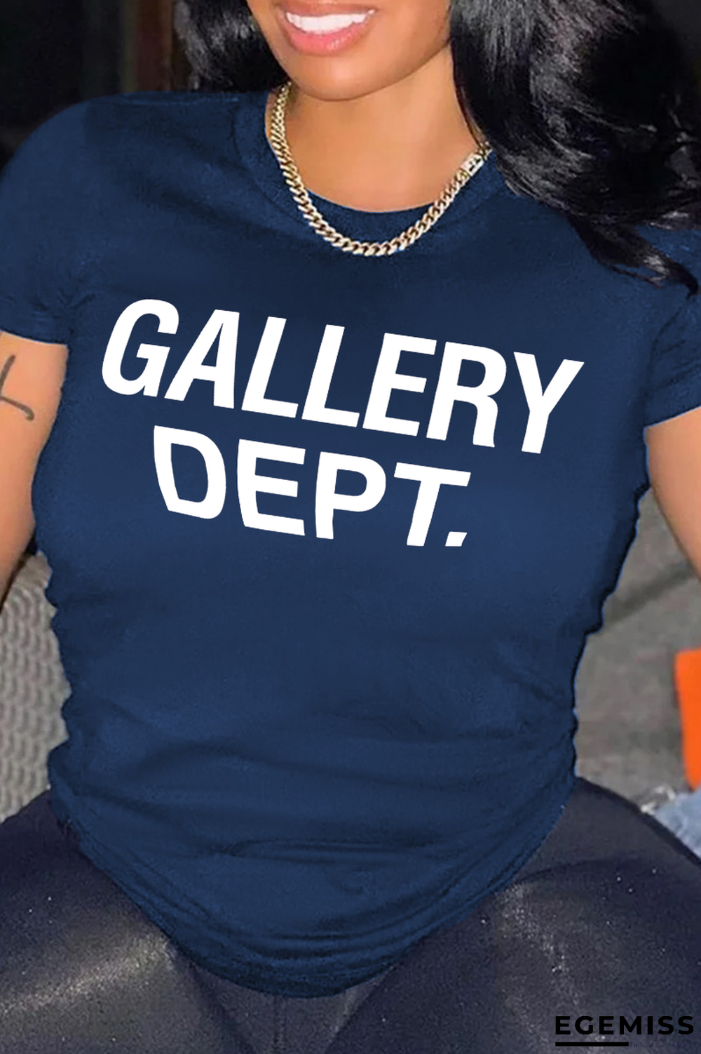 Navy Blue Street Vintage Print Patchwork Letter O Neck T-Shirts | EGEMISS