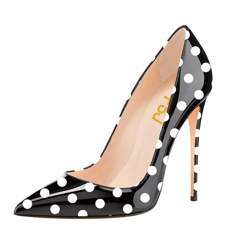 Black and White Polka Dot High Heels Pointy Toe Classy Pumps FSJshoes