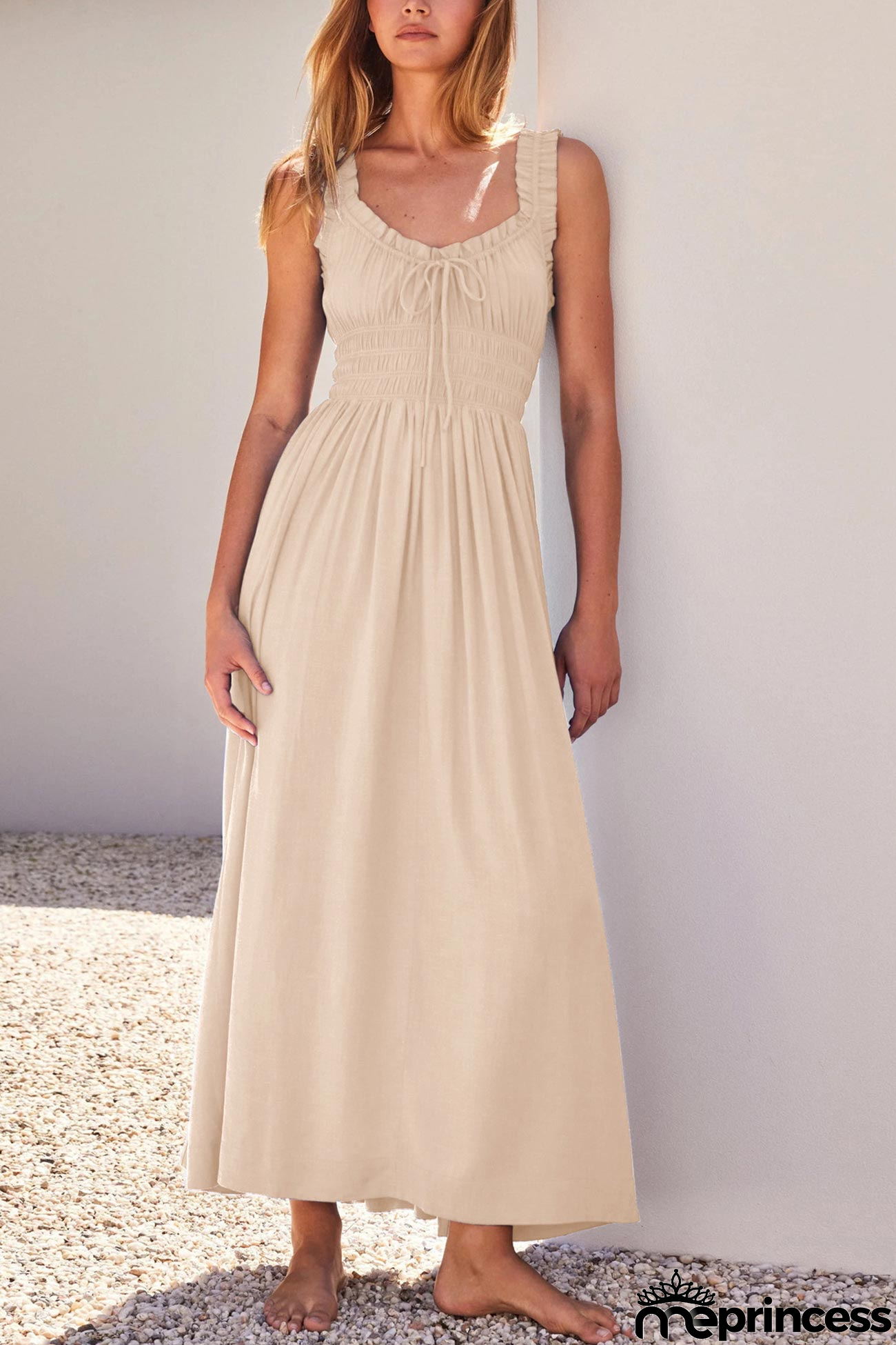 V Neck Tie-up Smocked Midi Dress