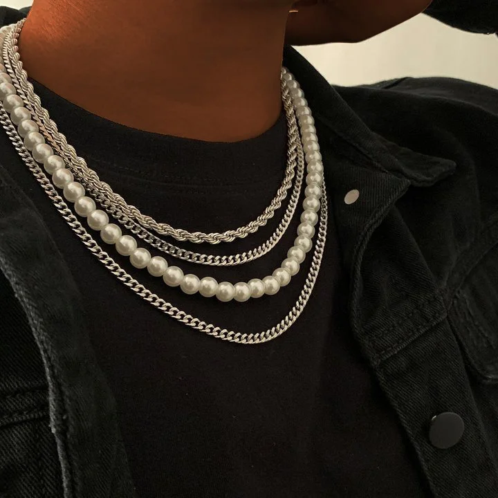 4MM 4Pcs Pearl Beads Rope Cuban Link Multi Layered Necklaces Jewelry Set