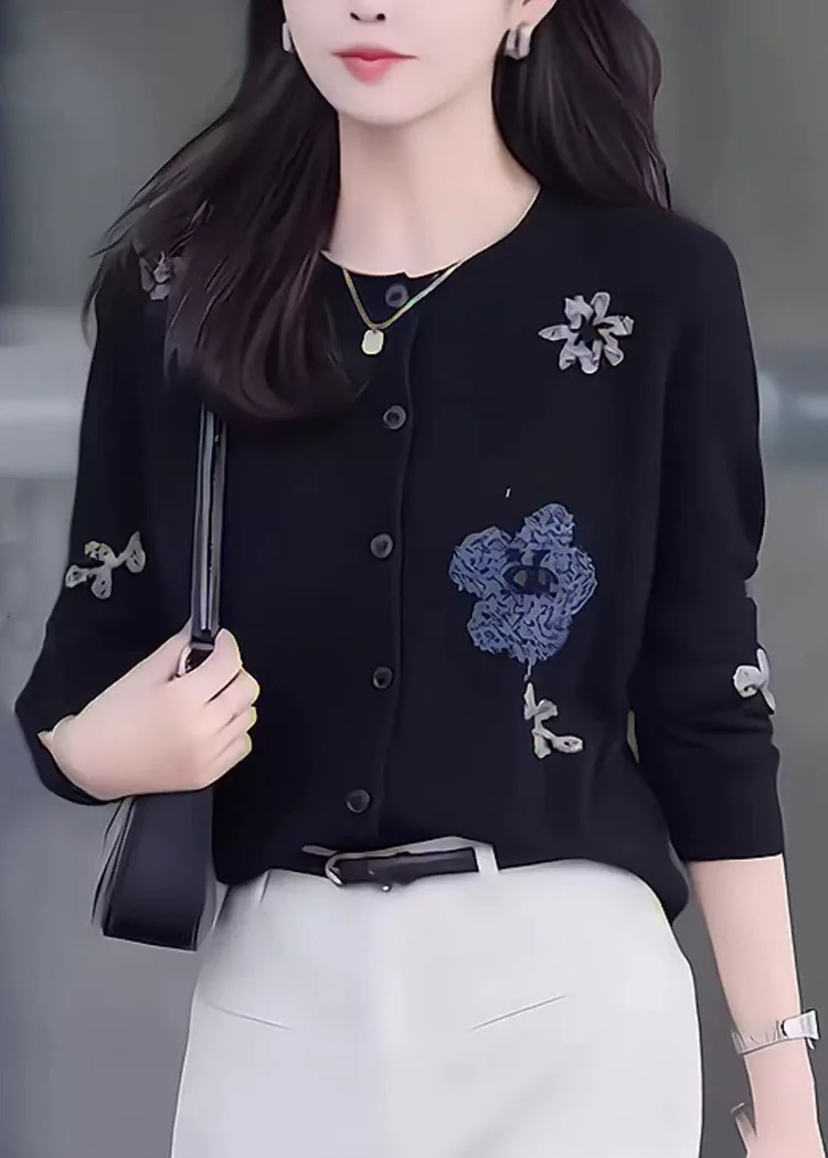 New Black O Neck Print Button Knit Coat Fall