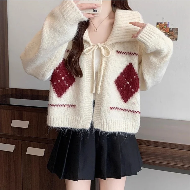 Athvotar Athvotar Atmosphere Feels Small Korean Linge Collar With Sweater Women Winter Lazy Wind Loose Soft Knitted Open Shirt