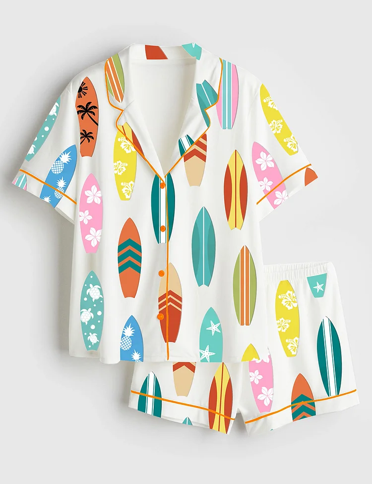 Women&rsquo;s Surfboard Beach Wave Hawaii Surf Summer Beach Life Print Short Sleeve Satin Pajama Set