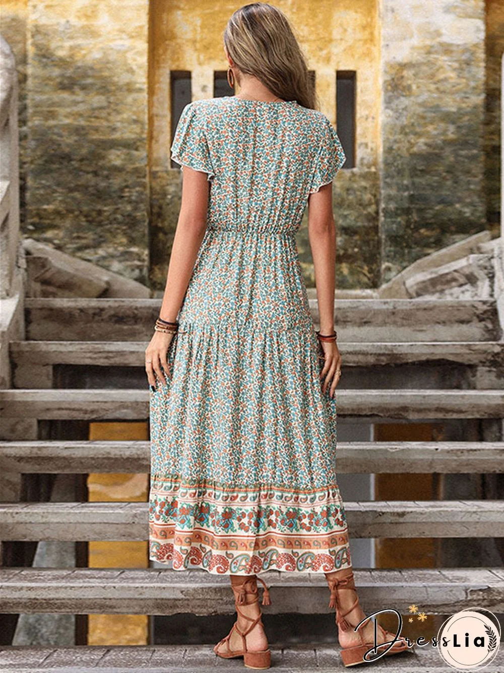 Long Skirt Retro Printed Green Slim Dress