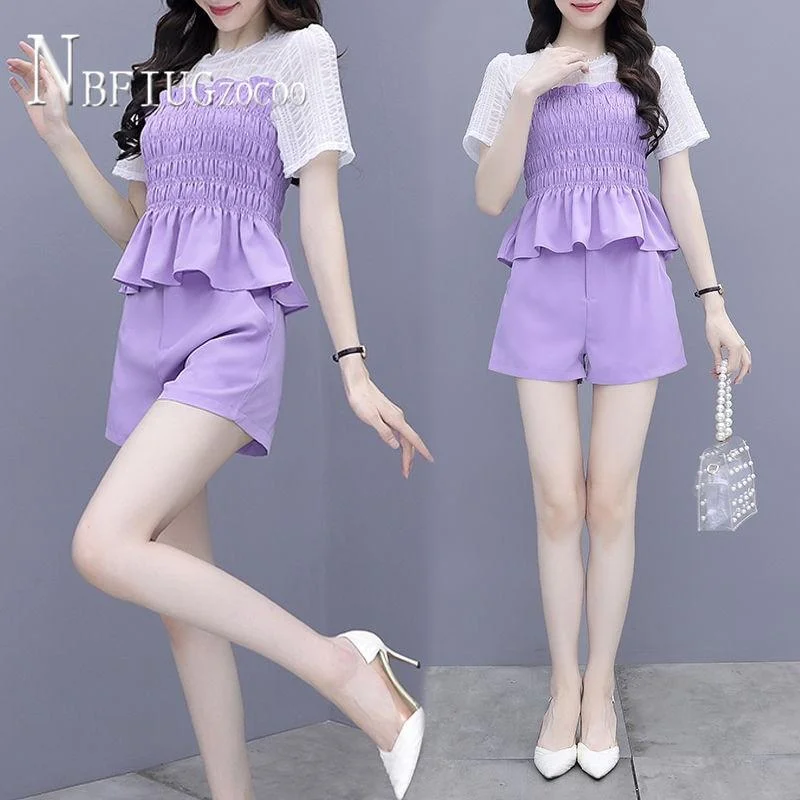 2020 Summer Temperament Women Sets Plus Size Ruffles Blouse And Cute Shorts Female Sets