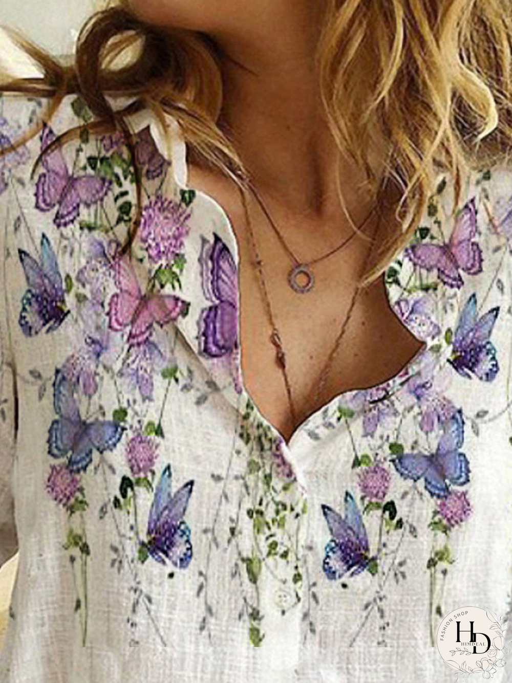 Printed Shirt Collar Long Sleeve Casual Blouse