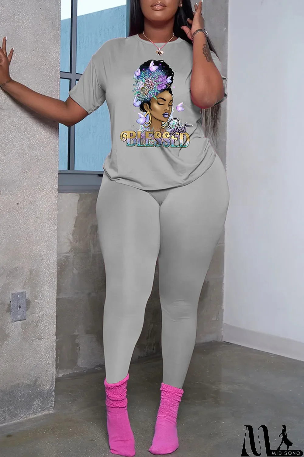 MidiSono - Black Fashion Casual Print Patchwork Basic O Neck Short Sleeve Two Pieces