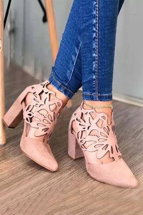 Hollow Pointed Toe Chunky Heel Sandals