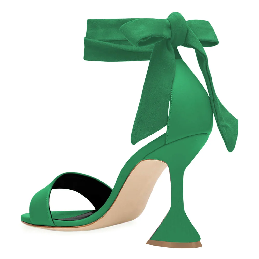 Green Vegan Leather Open Toe Flared Heel Ankle Strap Summer Sandals