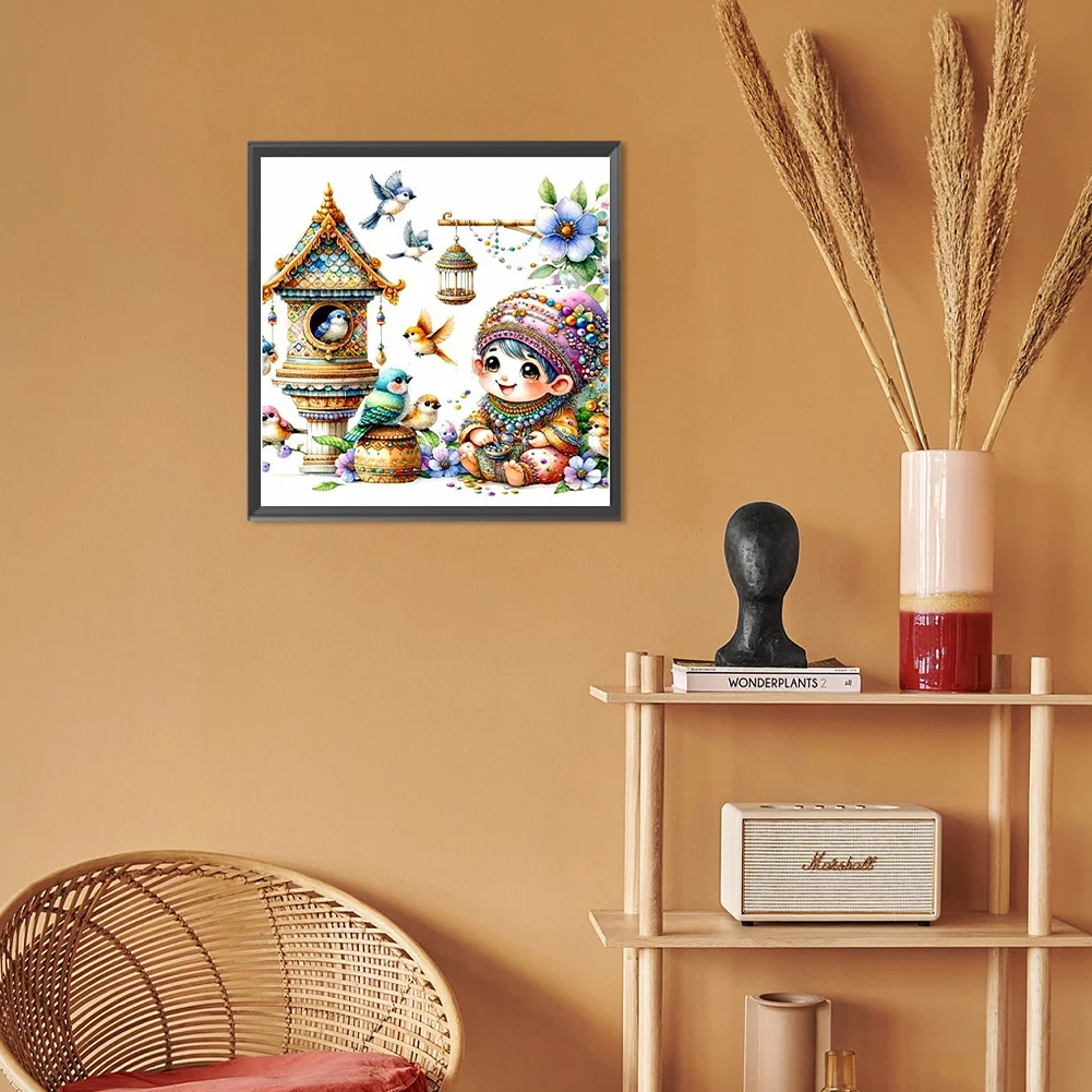 Diamond Painting - Full Round Drill - Cute Gnome Bird Nest(Canvas|30*30cm)