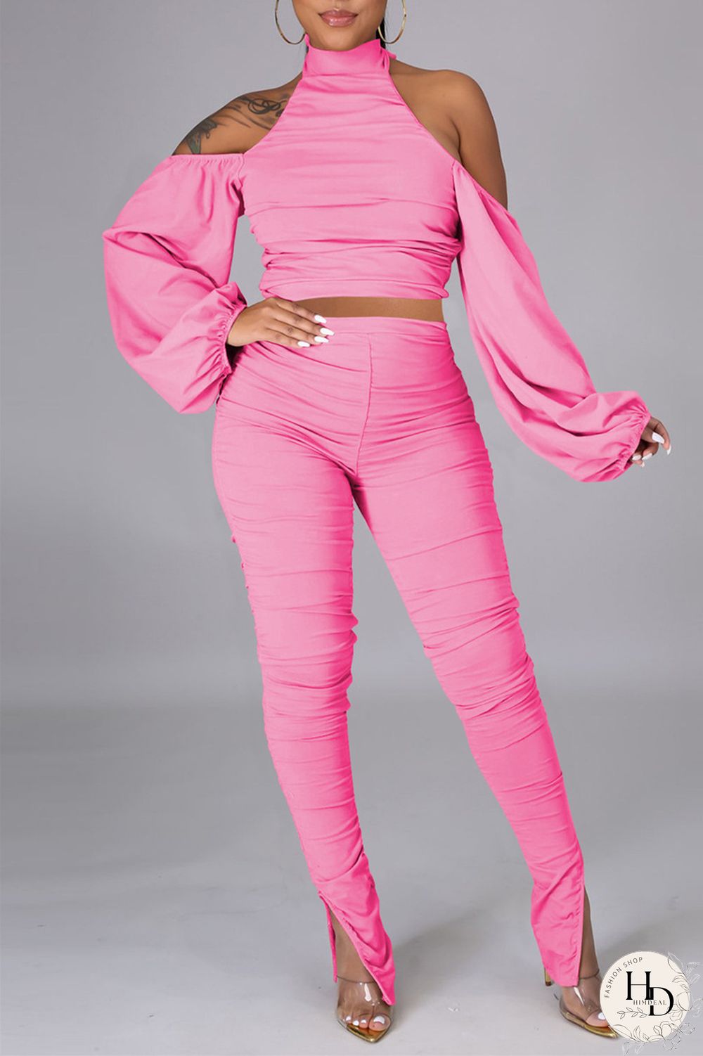 Pink Sexy Solid Bandage Backless Fold Turtleneck Long Sleeve Two Pieces