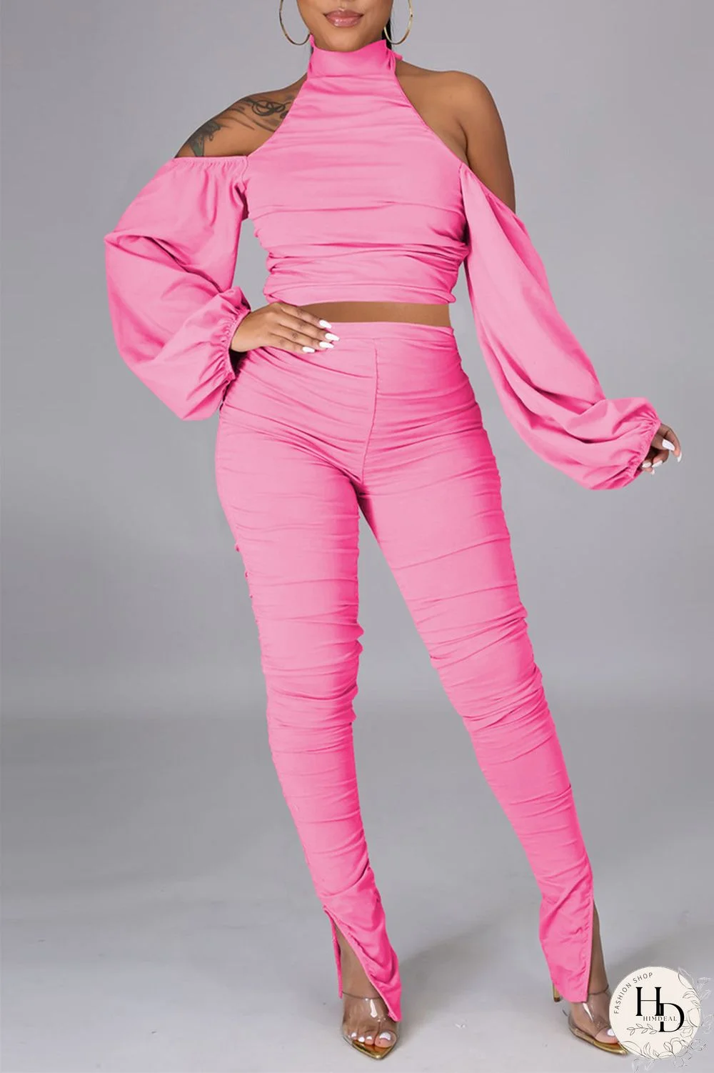 Pink Sexy Solid Bandage Backless Fold Turtleneck Long Sleeve Two Pieces