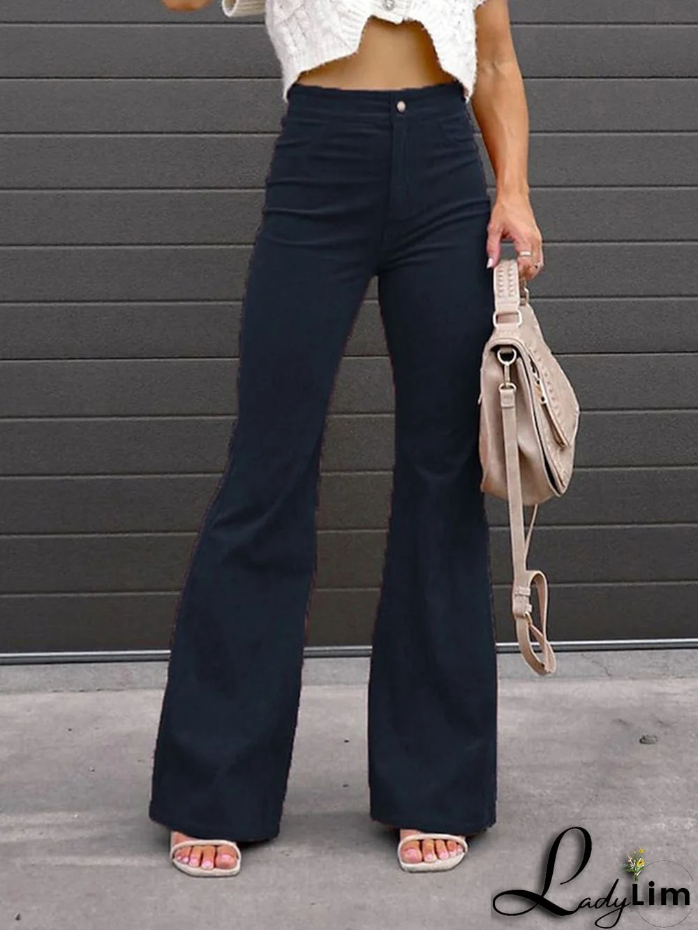 Daily Plain Button High-Rise Flare Leg Pant