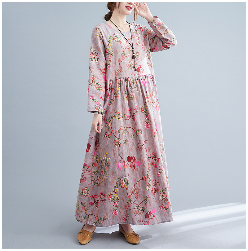 Women Cotton Linen Long Dress New 2022 Spring Autumn Vintage Style Floral Print Loose Comfortable Female A-line Casual Dresses