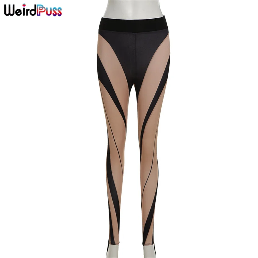 Weird Puss Mesh See Through Fitness Leggings Body-Shaping Sporty Patchwork Summer Fashion Streetwear Workout Wild Skinny Pants