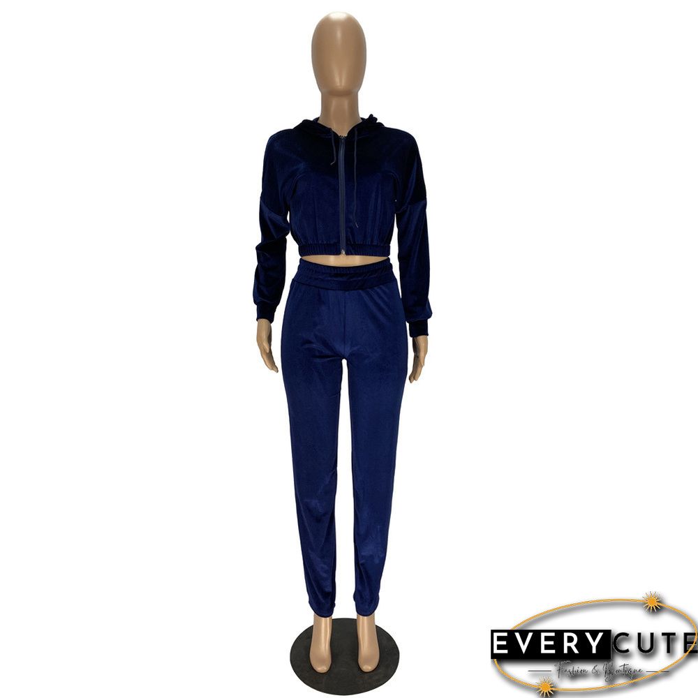 Navy Blue Korea Velvet Zipper Top with Pant Set