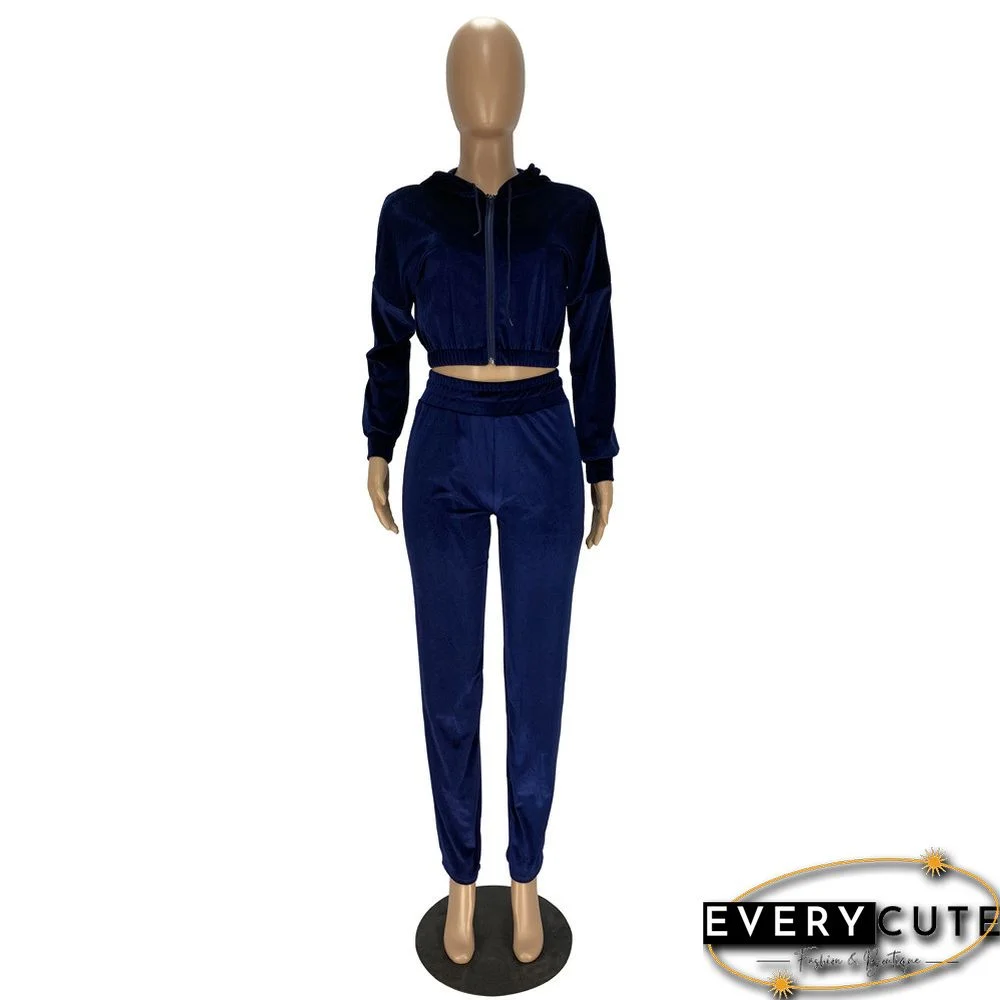 Navy Blue Korea Velvet Zipper Top with Pant Set