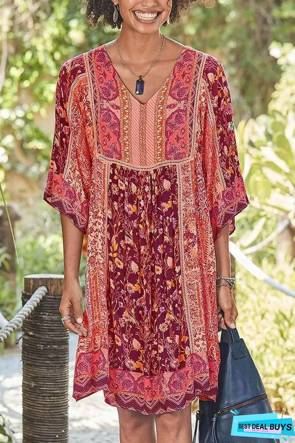 Bohemian Floral Print V-neck Half Sleeves Holiday Midi Dress