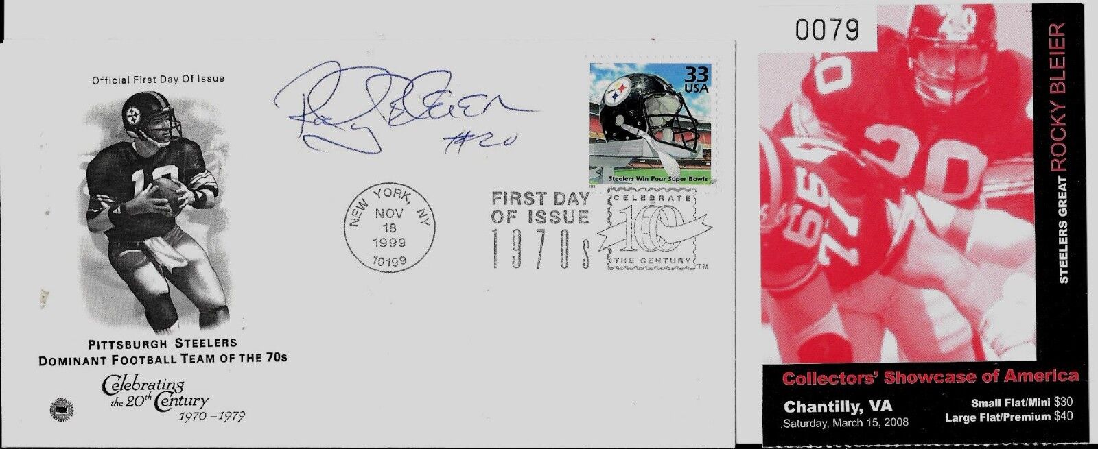 ROCKY BLEIER PITTSBURGH STEELERS RARE SIGNED FIRST DAY COVER WITH TICKET/PROOF