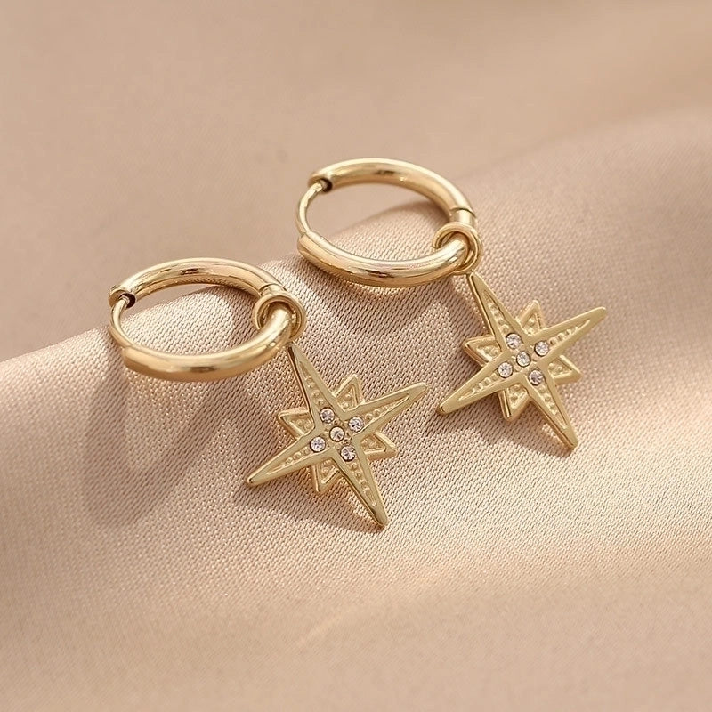 1 Pair Retro Circle Star Inlay 304 Stainless Steel Rhinestones Gold Plated Drop Earrings