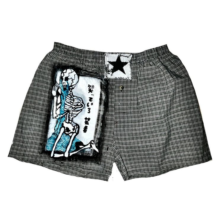 Tearing Skull Check Print Shorts