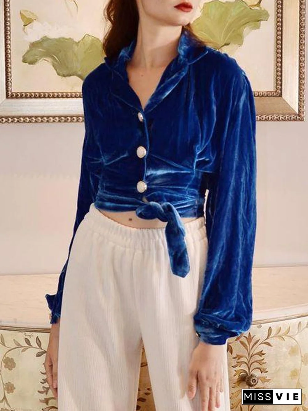 Royal Blue Lapel Plain Velvet Shirt