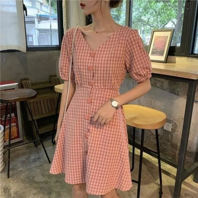 Dresses Women Preppy Summer  Korean Style Students 4 Colors Plaid V-neck Kawaii Fashion Mujer Ropa Hipster  Female Chic