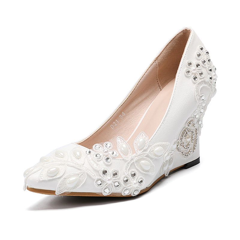 Women's white floral lace rhinestone wedge heels wedding pumps bridal dressy pumps