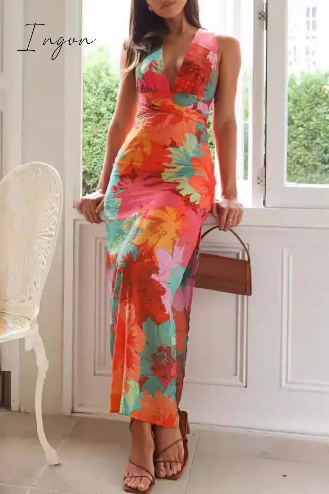 Ingvn - Sexy Floral Print Lace Up Backless Strap Design V Neck One Step Skirt Dresses Red / S