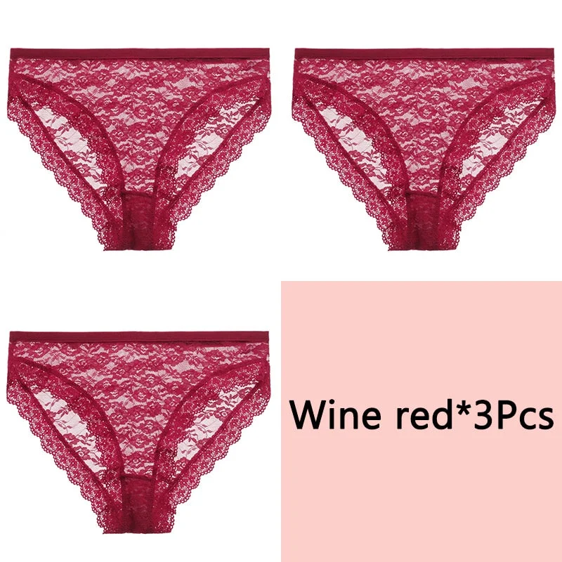 FINETOO Full Lace Briefs Panties Sexy Women Underwear M-2XL Low Waist Underpants Transparent Floral Panty Ladies Lingerie 3Pcs