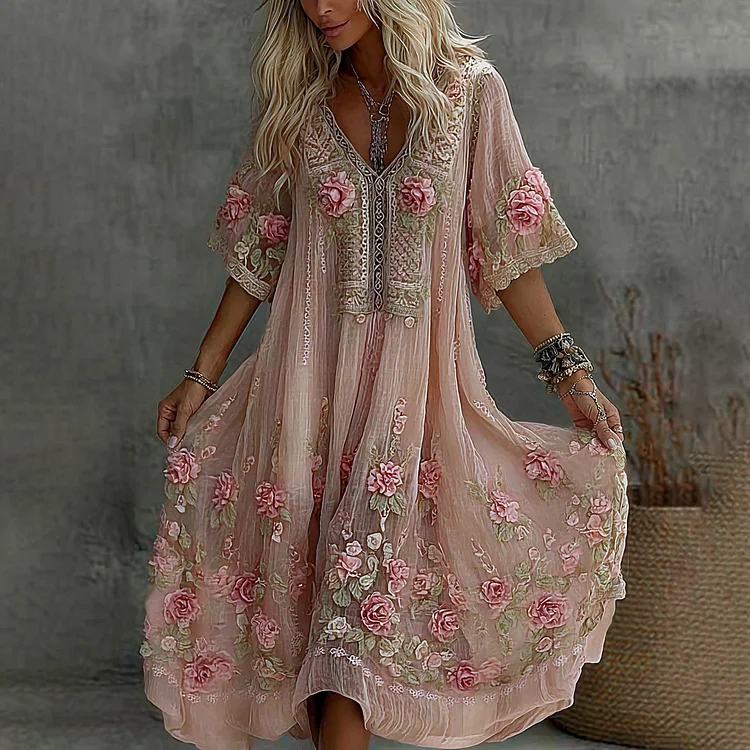 Women's Vintage Floral Art Print Flowy Linen Blend Casual Short Sleeve V Neck Maxi Dress