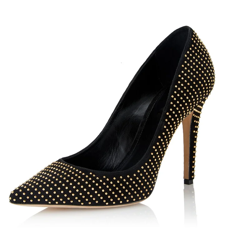 Black and Gold Studs Office Pumps with Stiletto Heel Vdcoo