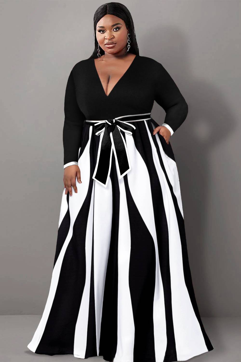 Design Plus Size Semi Formal Maxi Dresses Casual Black Geometric Fall Winter V Neck Long Sleeve Wrap Knitted Maxi Dresses With Pocket