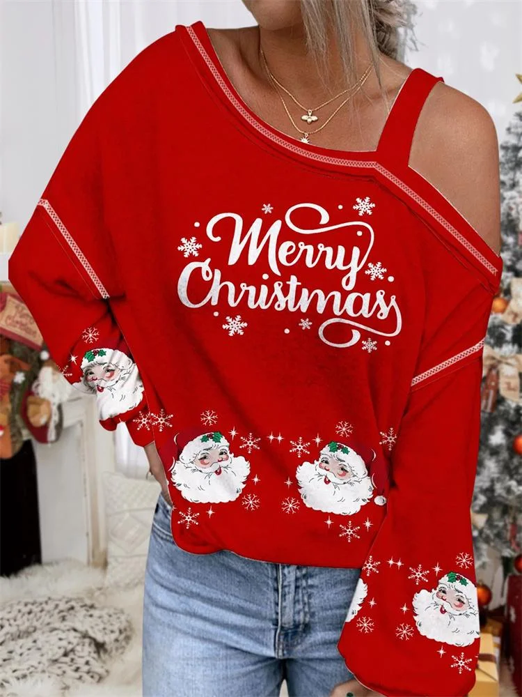 Red Merry Christmas Letter Off The Shoulder Casual T-shirts