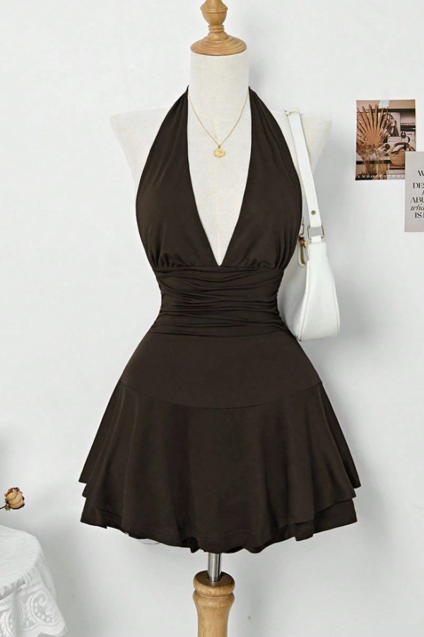 Ovlias Chocolate Halter Deep V-Neck  Homecoming Dress Pleated with Backless HC0167