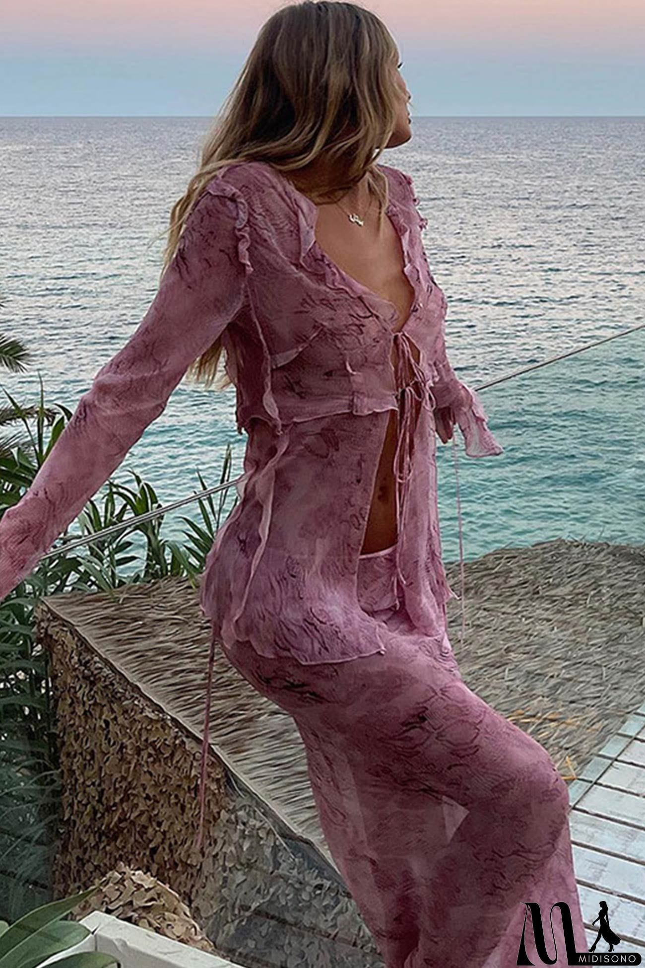 MidiSono - Mesh Printed Strappy Cardigan Skirt Suits