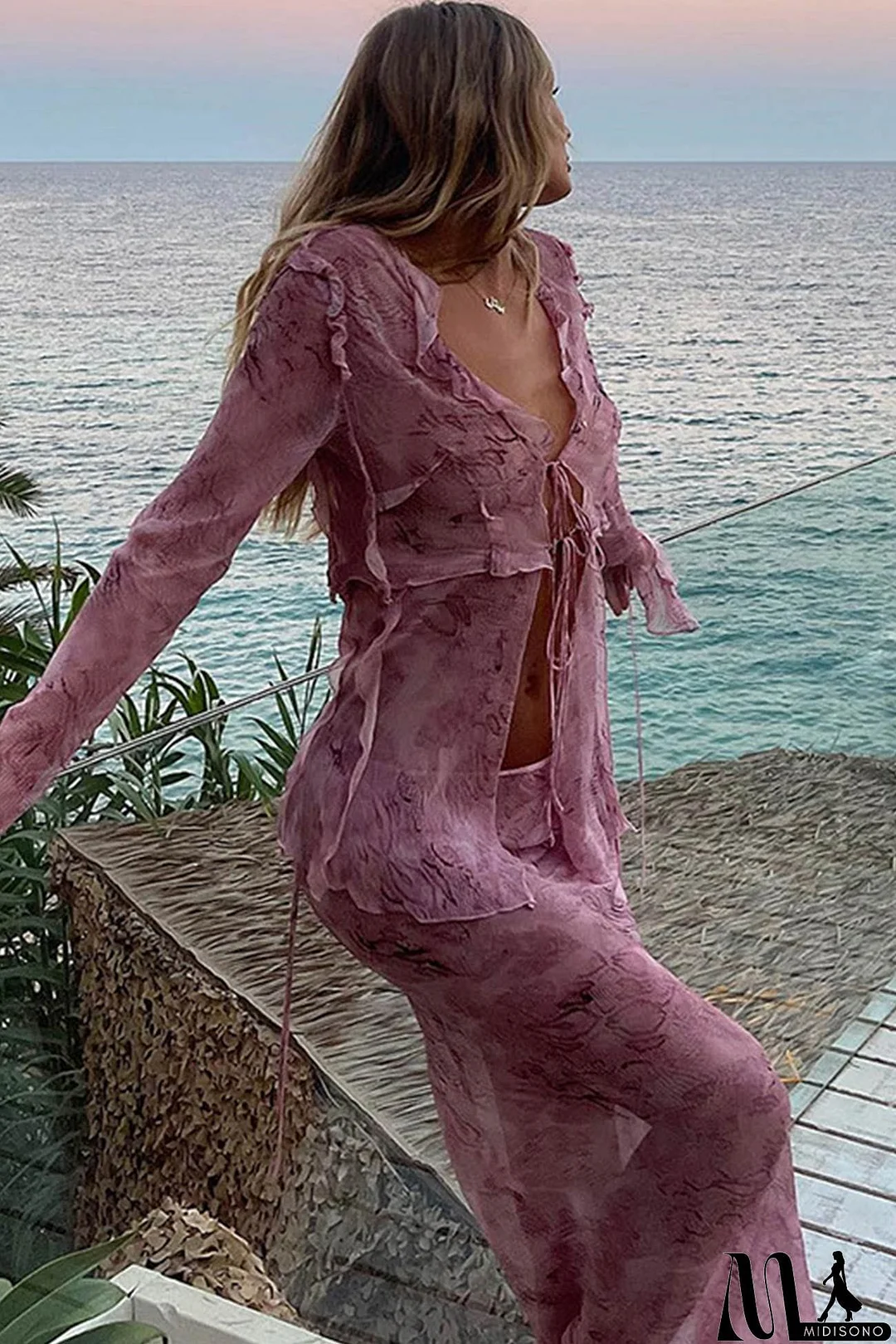 MidiSono - Mesh Printed Strappy Cardigan Skirt Suits