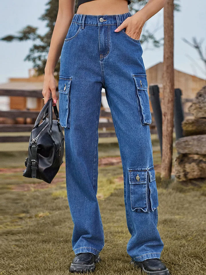 Women's Retro Vintage Denim Jeans Straight Leg Cargo Jeans