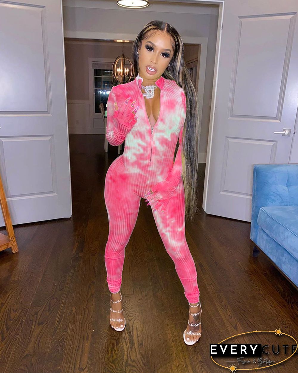 High Neck Tie-dye Zipper Slim Fit Fitness Jumpsuit