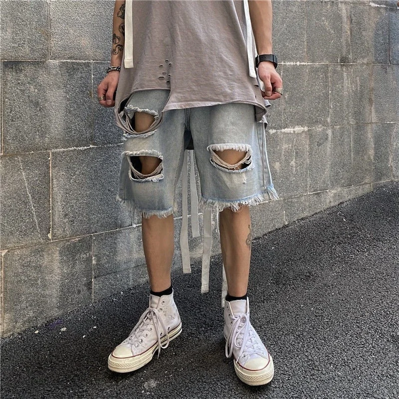 Inongge Ripped Denim Shorts for Men Summer Ins Fashion Five-Point Pants Vintage Jeans Streetwear Male Trousers Casual Bottoms Plus Size