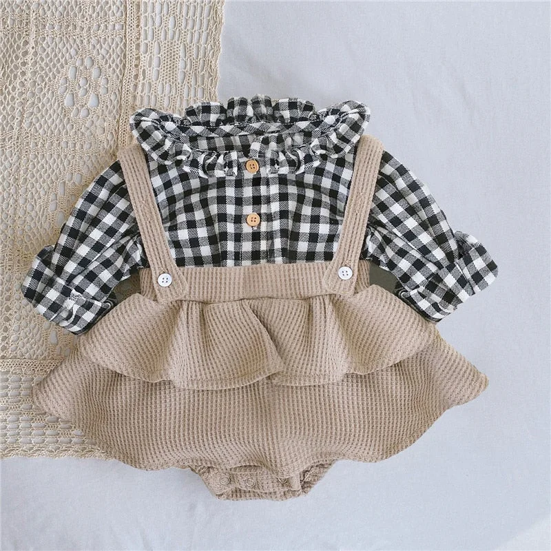 Baby Girls Clothes Set Long Sleeve Plaid Shirt Tops +Suspender Ruffle Romper Newborn 3 6 9 12 18 24 Months Bodysuit Clothing