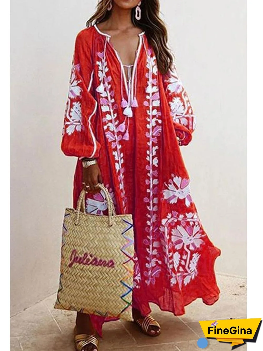 V-neck Long Sleeve Printed Maxi Dress (6 Colors) P16263