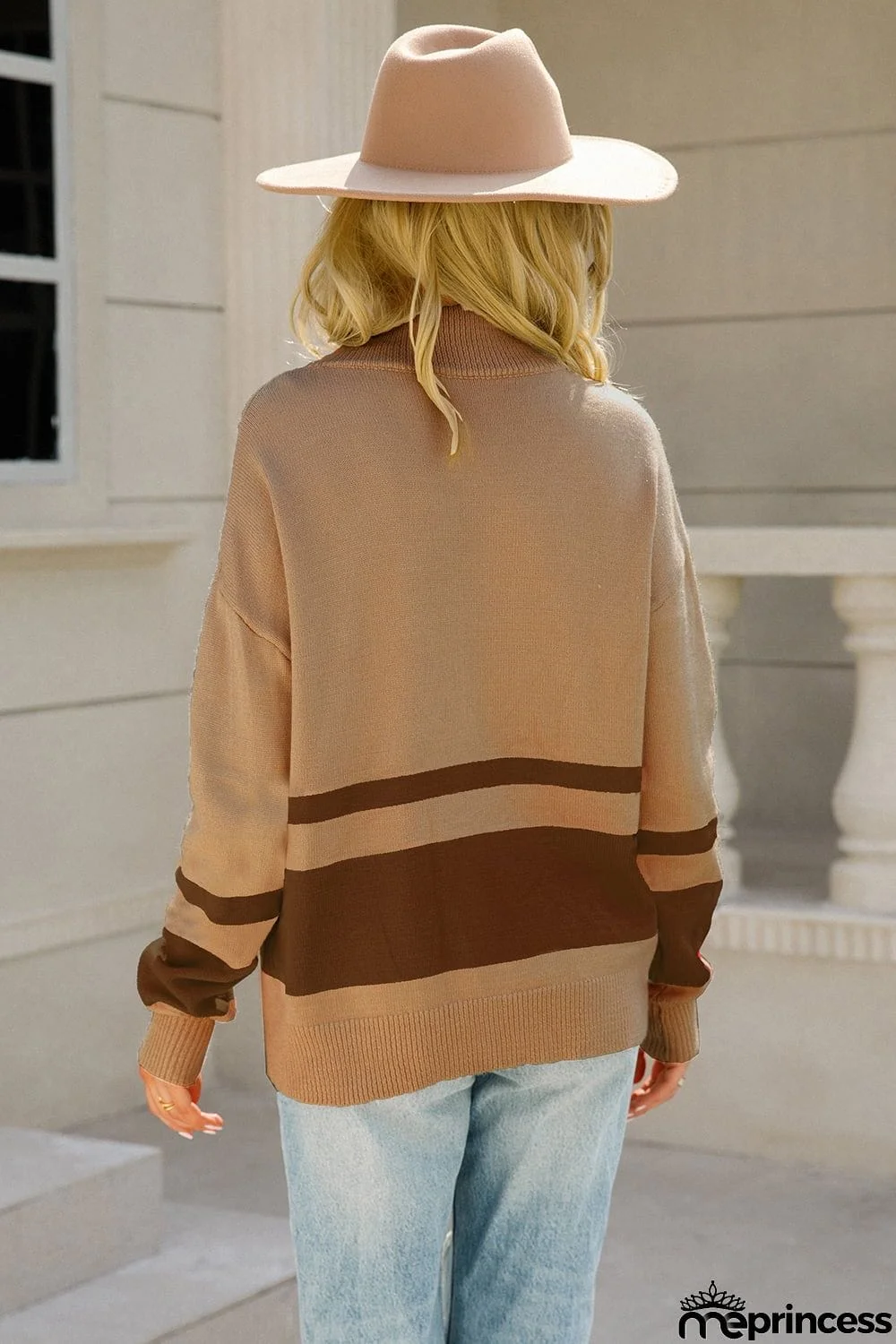 Two-Tone Long Sleeve Zip-Up Knit Top